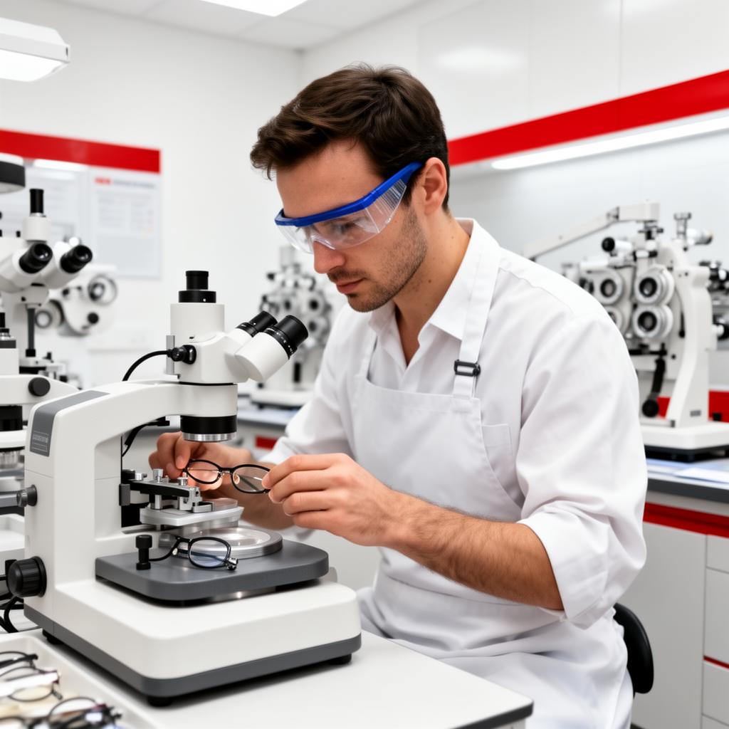 Técnico do laboratório próprio da Ótica Visão Nova montando óculos